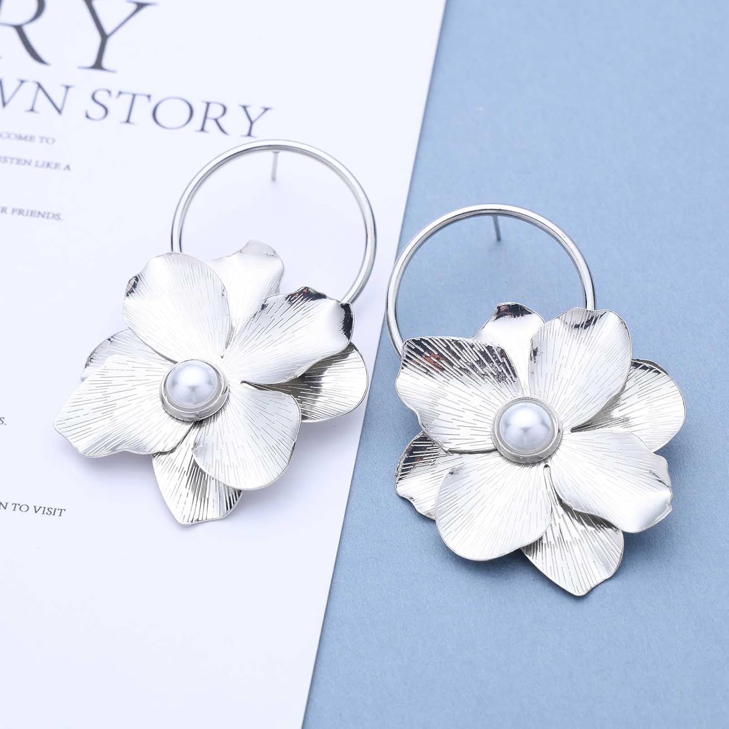 Boho Pearl Flower Dangle Earrings Gold Floral Drop Earrings Camellia Flower Earrings Hollow Circle Stud Earrings Exaggerated Floral Earrings Jewelry for Women - Image 4