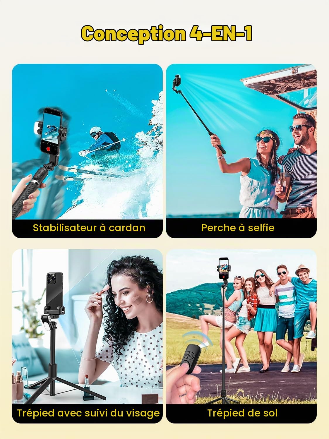 Stabilisateur de cardan avec Suivi du Visage sans Application, stabilisateur RVB 4 en 1, trépied portable pour iPhone et Android, Extension de 108 cm, AOCHUAN