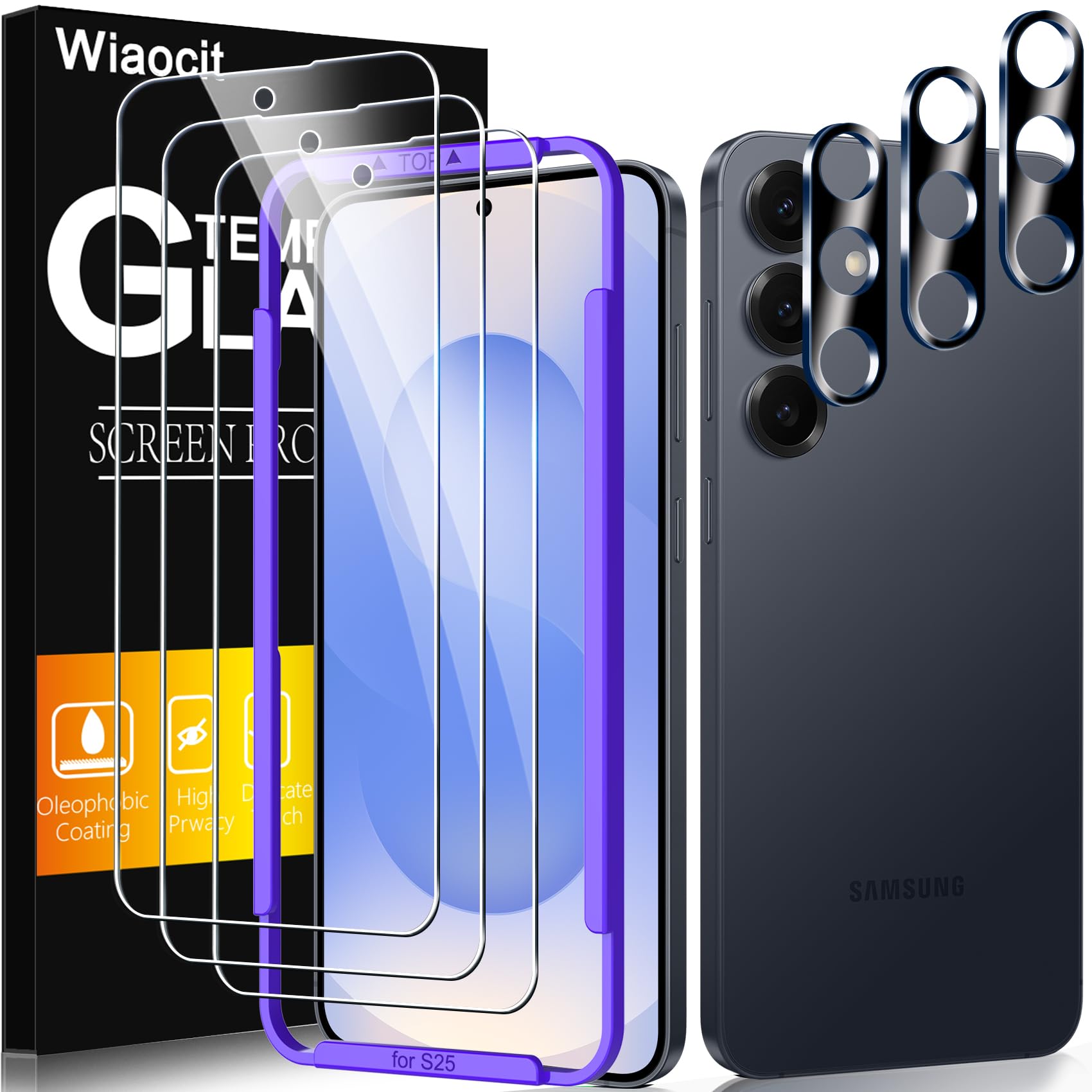 Wiaocit 3 Pack Tempered Glass Screen Protector for Samsung Galaxy S25 with 3 Pack Camera Lens Protector, 9H Hardness, Bubble Free, Case Friendly