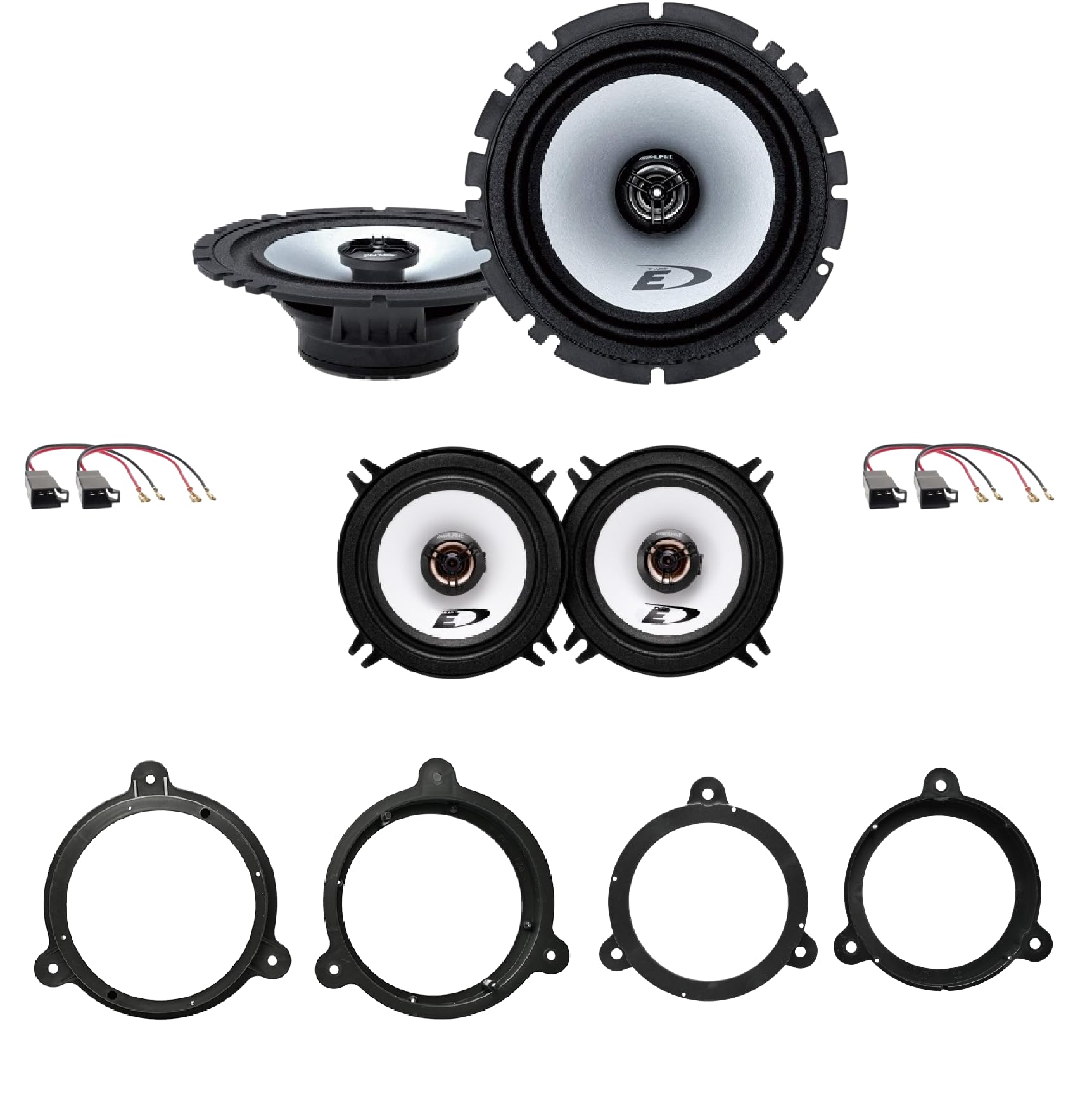 Kit de 4 altavoces delanteros y traseros Alpine SXE-1725S + SXE-1325S para Dacia Dokker, Logan, Sandero II a partir de 2013 con soportes y conectores.