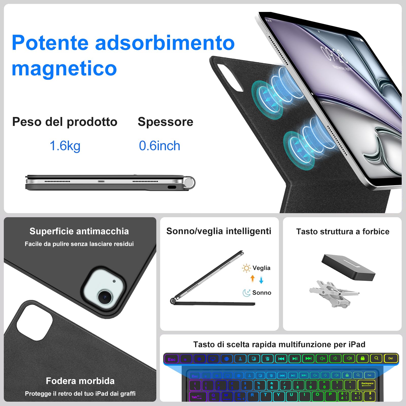 Per iPad Air 11 M4 2026/M3 2025/M2 2024 e Pro 11/Air 5/4 Gen Magic Keyboard | Retroilluminazione a 7 Colori Cover Tastiera Wireless Portatile con Supporto Flottante e Trackpad per Ufficio/Studio, Nero