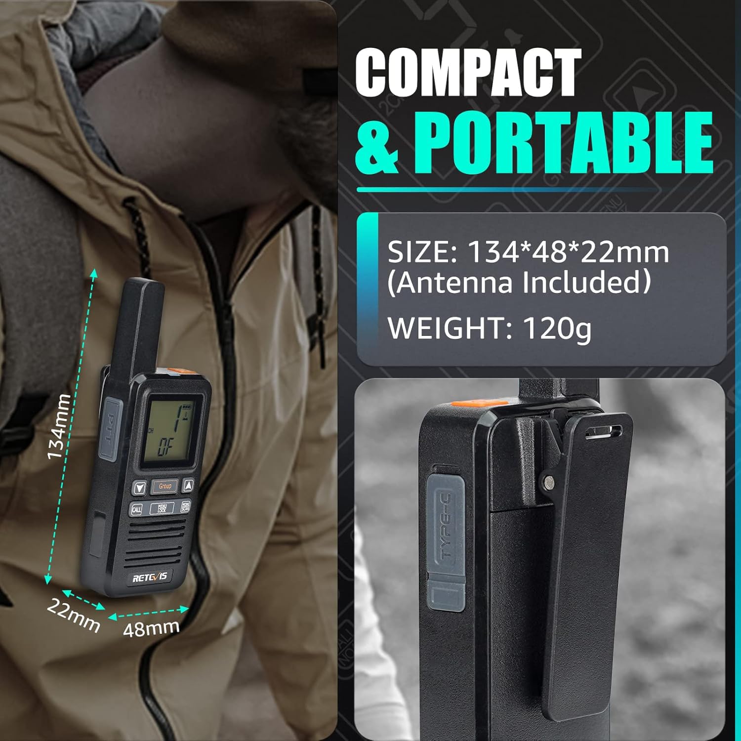 Retevis RB667 Walkie Talkie Profesional Pequeño, PMR446 Walkie Talkie Recargable 1600mAh, Pantalla LCD, VOX, USB-C, para Adultos, Restaurante, Senderismo (Negro,2 Pcs)