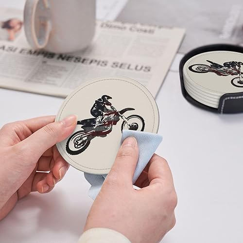 Miniatura 7 de Dirt Bike - Portavasos de cuero de alta calidad con bandera de Estados Unidos, juego de 6 con soporte, elegantes posavasos para cocina, café y