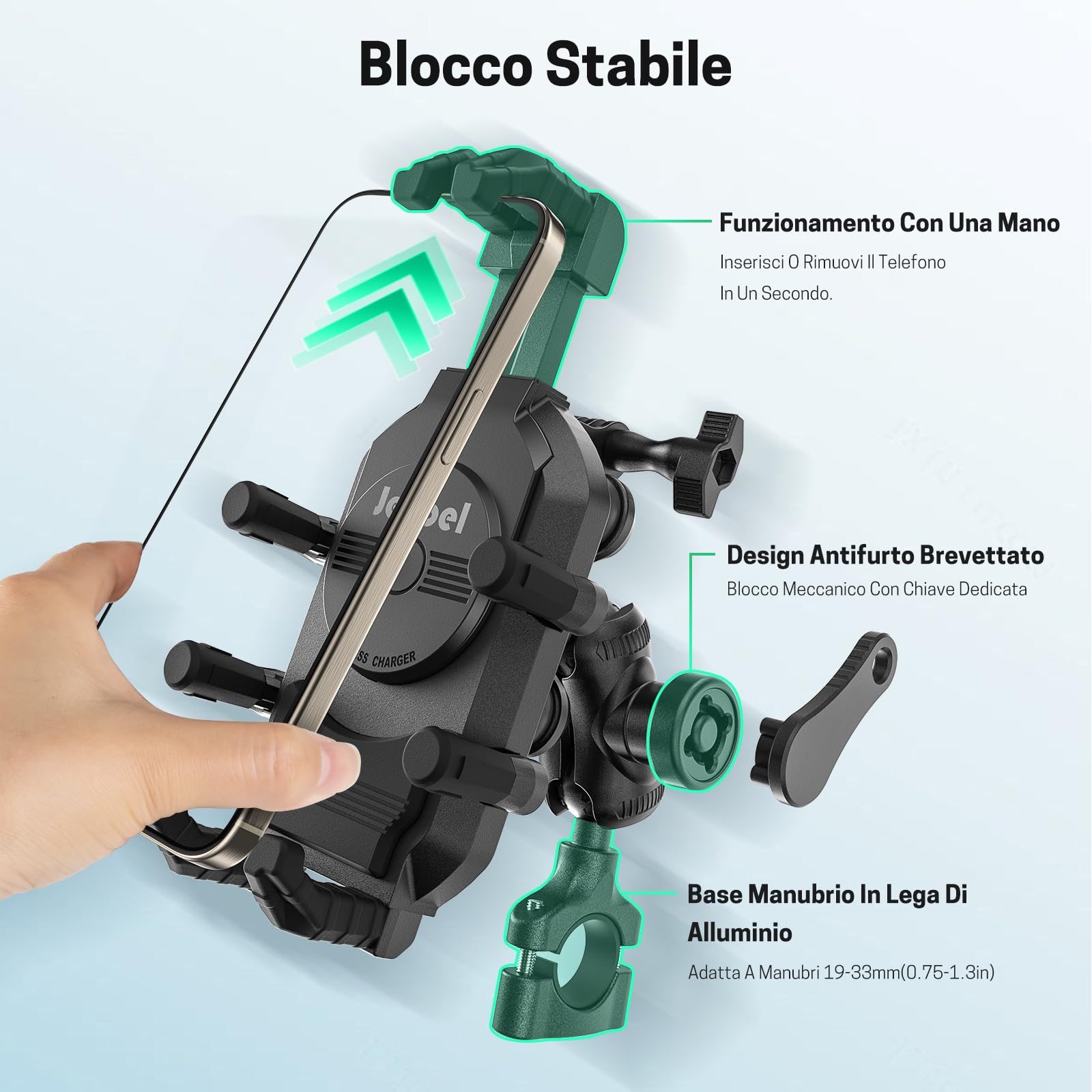 Jeebel Supporto Telefono Moto 3-in-1 Caricatore Smartphone Motociclo con Ricarica Wireless Qi 15W & USB-C QC 3.0 30W, Parasole, Antifurto, Rotazione 360° - Compatibile con iPhone/Android/GPS/ActionCam