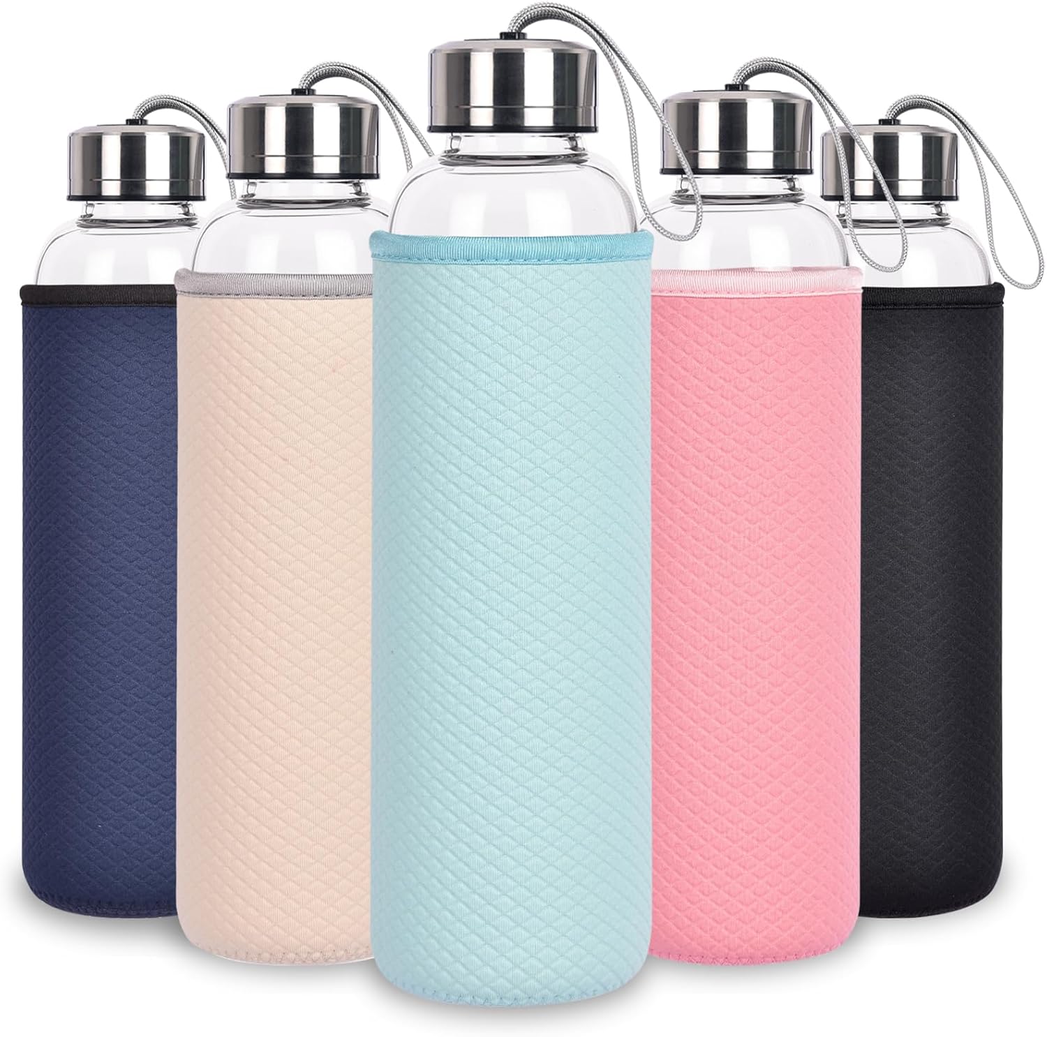Glass Water Bottles 32oz with Drawstring, 1000ML Borosilicate Glass Drink Bottles Leakproof BPA-Free, Large Capacity for Coffee, Tea, Juice, Milk, Microwave and Dishwasher Safe (1-Pack, Cyan)