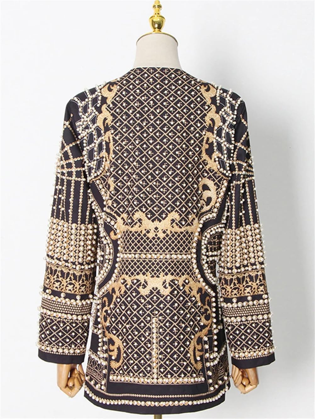 Womens Deep V Neck Beaded Jacket Slim Fit Suit Coat Mid Length Straight Blazer Jacket