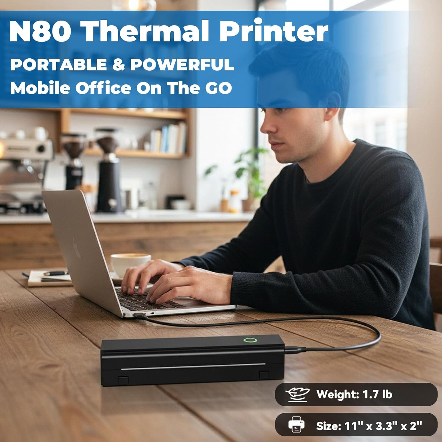 Portable Printer Wireless for Travel, Inkless Printers Mobile Thermal Printer for 8.5" X 11" & A4 Thermal Paper, Bluetooth Compact Impresora Portátil for Phone, Laptop, Office Home use