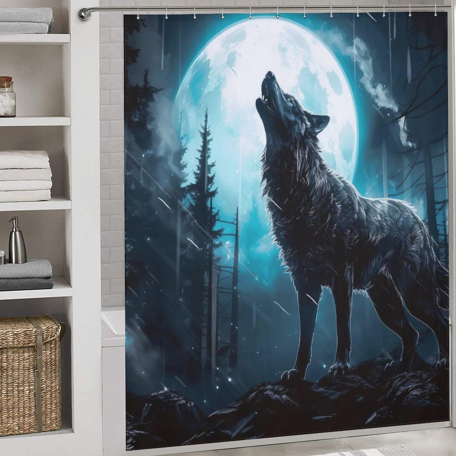 Rideau de douche loup imperméable et lavable en machine pour salle de bain