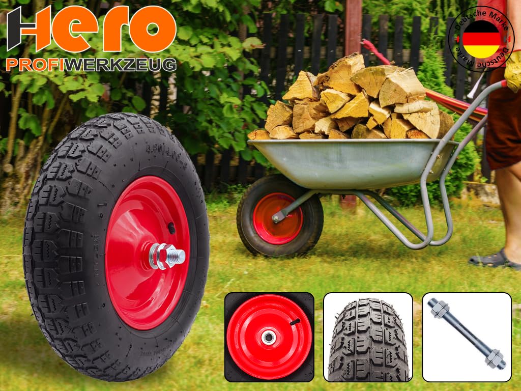 HERO Schubkarren-Ersatzrad 3.50-8 – 380 Mm Luftrad Mit Stahlfelge Und Kugellager, 4PR, Traglast 200 Kg, Für Schubkarren, Sackkarren & Bollerwagen
