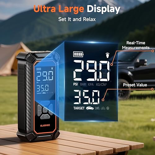 Miniatura 6 de OlarHike Inflador de neumáticos inalámbrico, compresor de aire portátil, modo de alimentación dual, 9000 mAh y 12 V CC, bomba de aire para