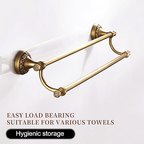 Miniatura 5 de Toallero doble para baño montado en la pared, barra de toalla ajustable de 15.5 a 27.5 pulgadas, patrón de latón antiguo, bronce cepillado