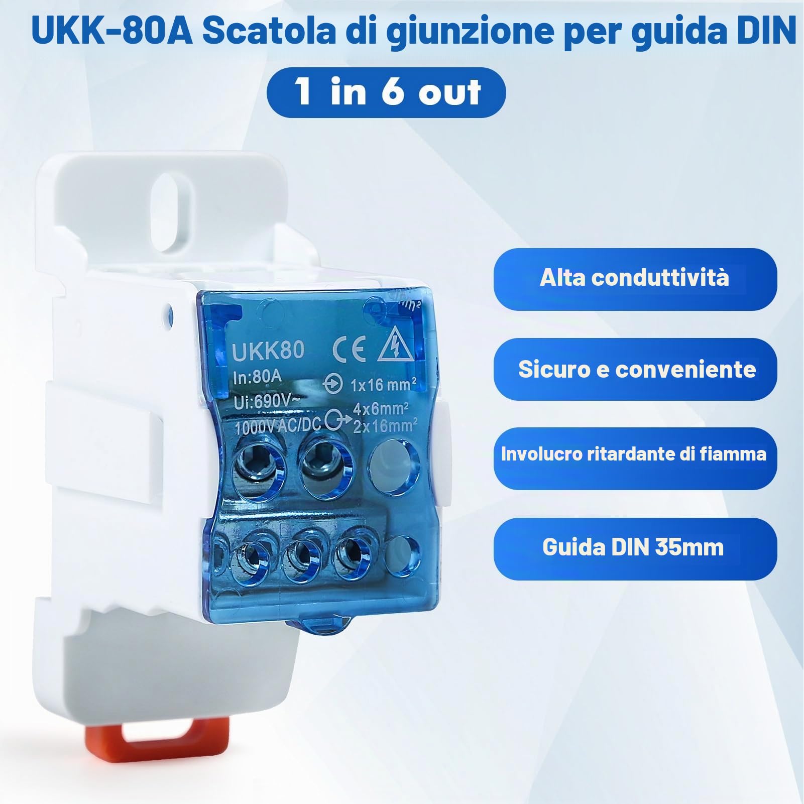 Jadeshay Morsettiera Distribuzione UKK-80A Morsettiera DIN 1 Ingresso 6 Uscite 80A con Coperchio Trasparente per Montaggio su Guida DIN