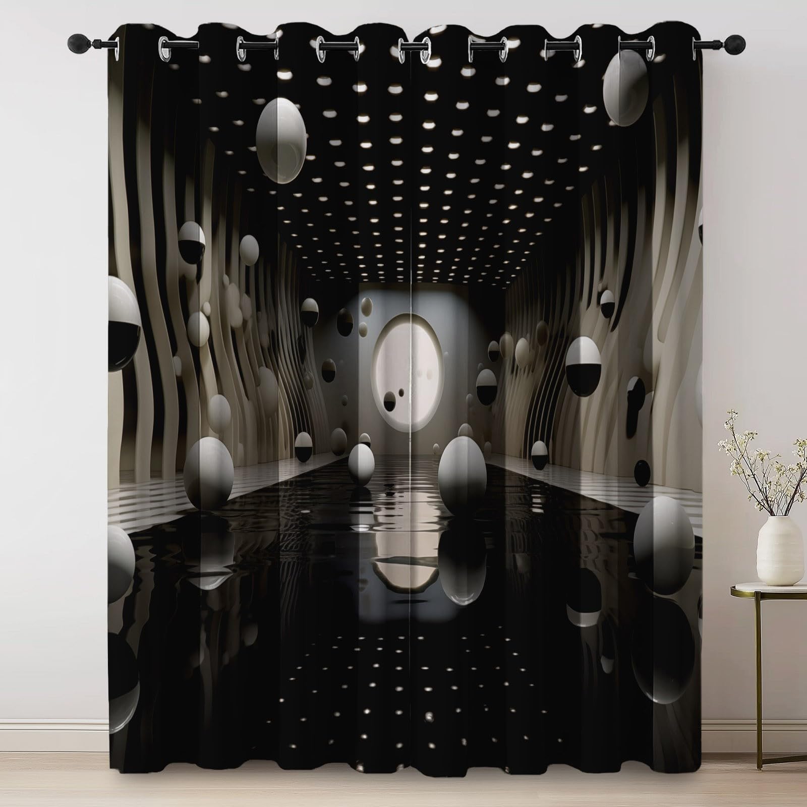 Rideaux Longs 140L X 260H cm (2 Panneaux), Géométrique Abstrait Moderne Imprimé, Tissu Occultant Épais pour Grand Salon et Loft, Noir Blanc