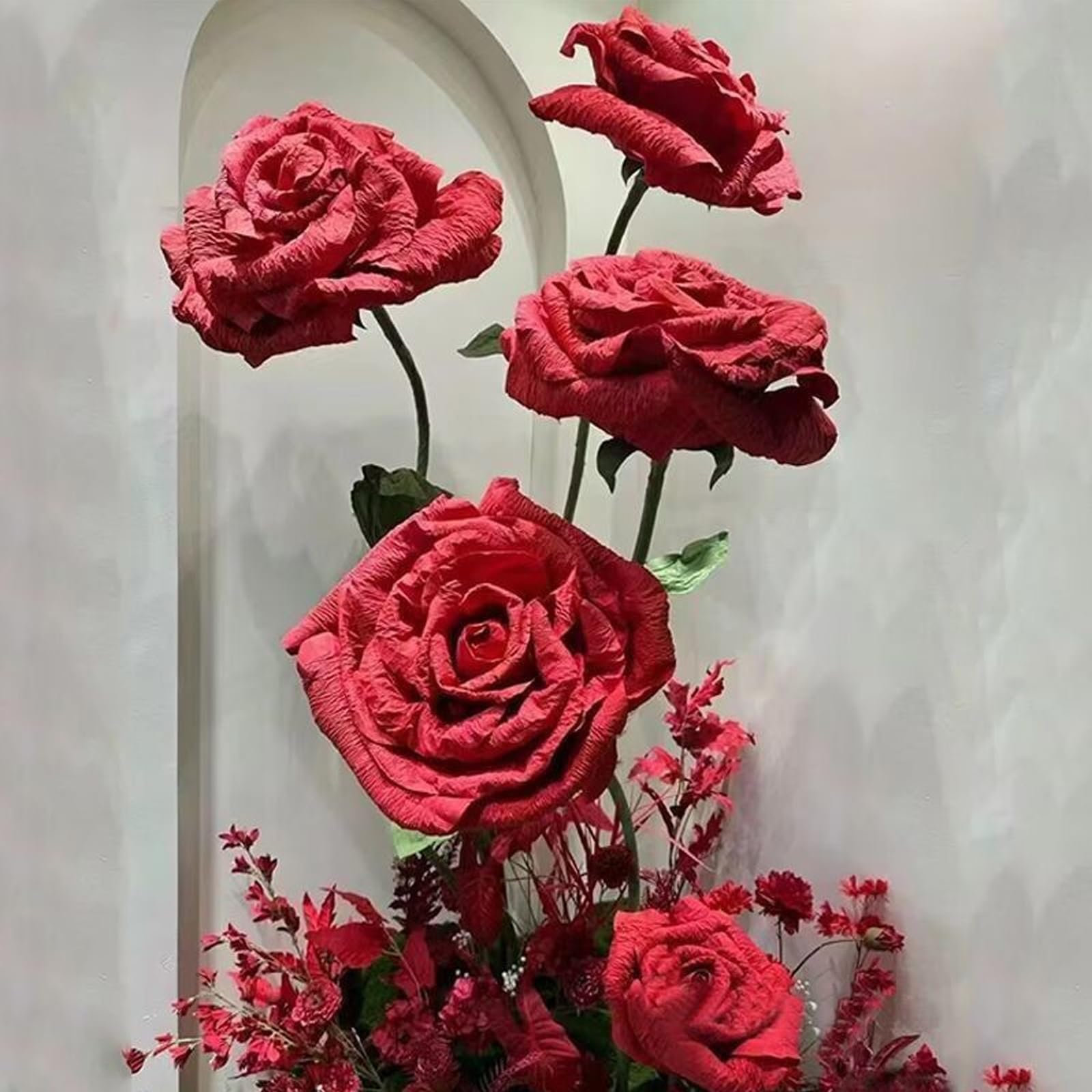 Große Künstliche Blumen mit Standfuß, 3er Set Papierblumen Groß Stehend mit Verstellbaren Stielen & Stabiler Metallbasis für Garten, Hochzeiten, Events & Schaufenster(Light Pink)