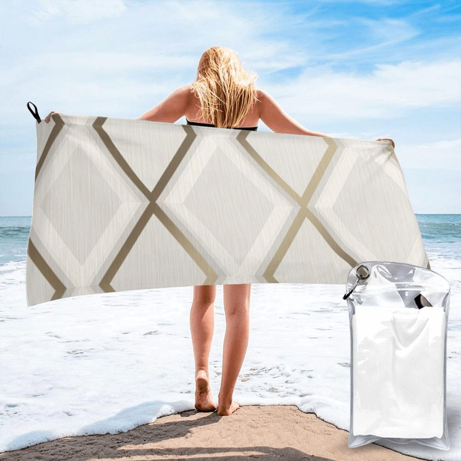 Serviette de bain absorbante gym et plage grand format géométrique ivoire