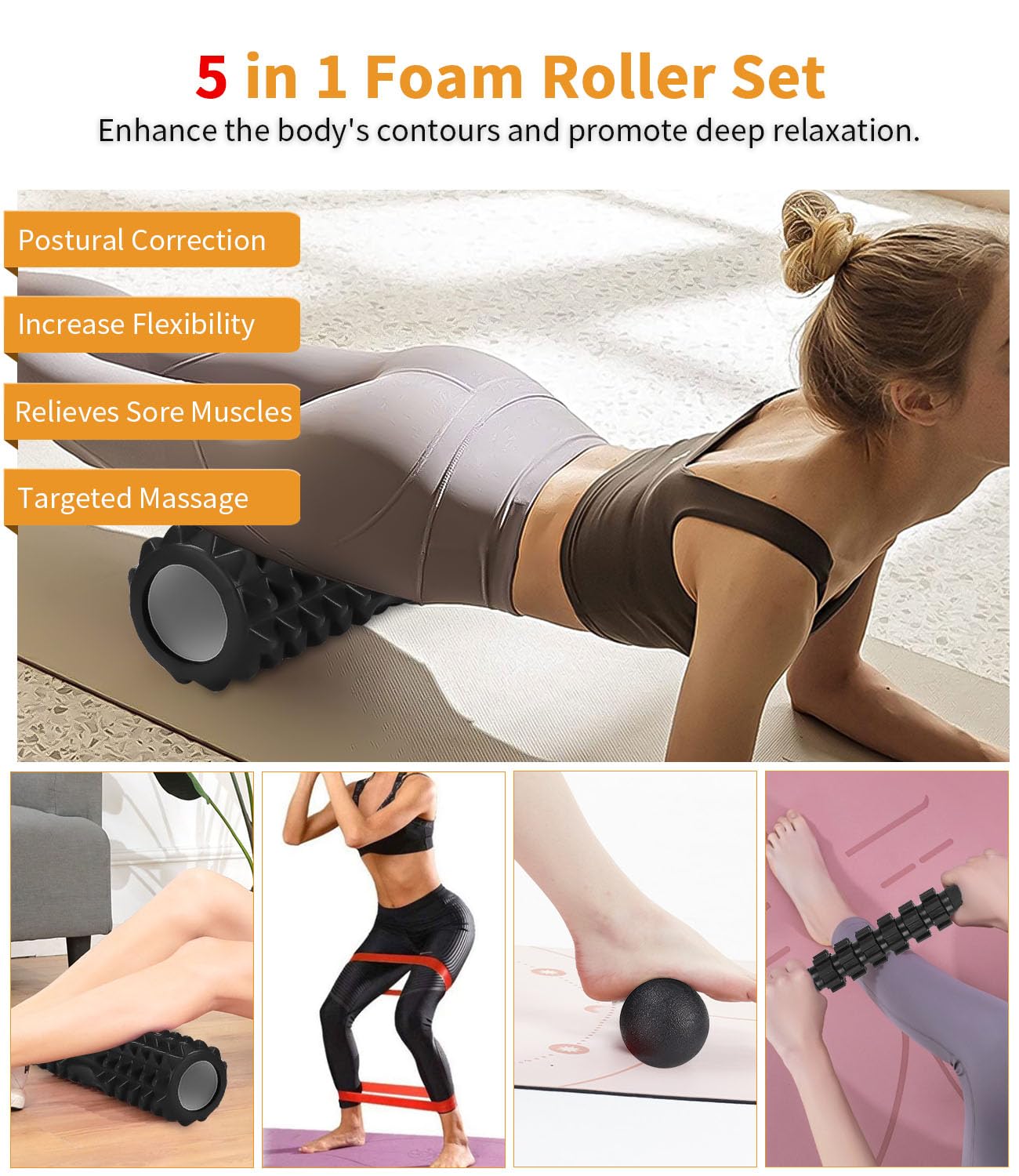 Set di Foam Roller 5 in 1, Roller Pilates ad alta Densità, Rullo per Massaggio,Pallina Massaggio Muscolare, Tenditore, Fascia di Resistenza per Massaggio, Esercizi di Fitness Attrezzi Pilates