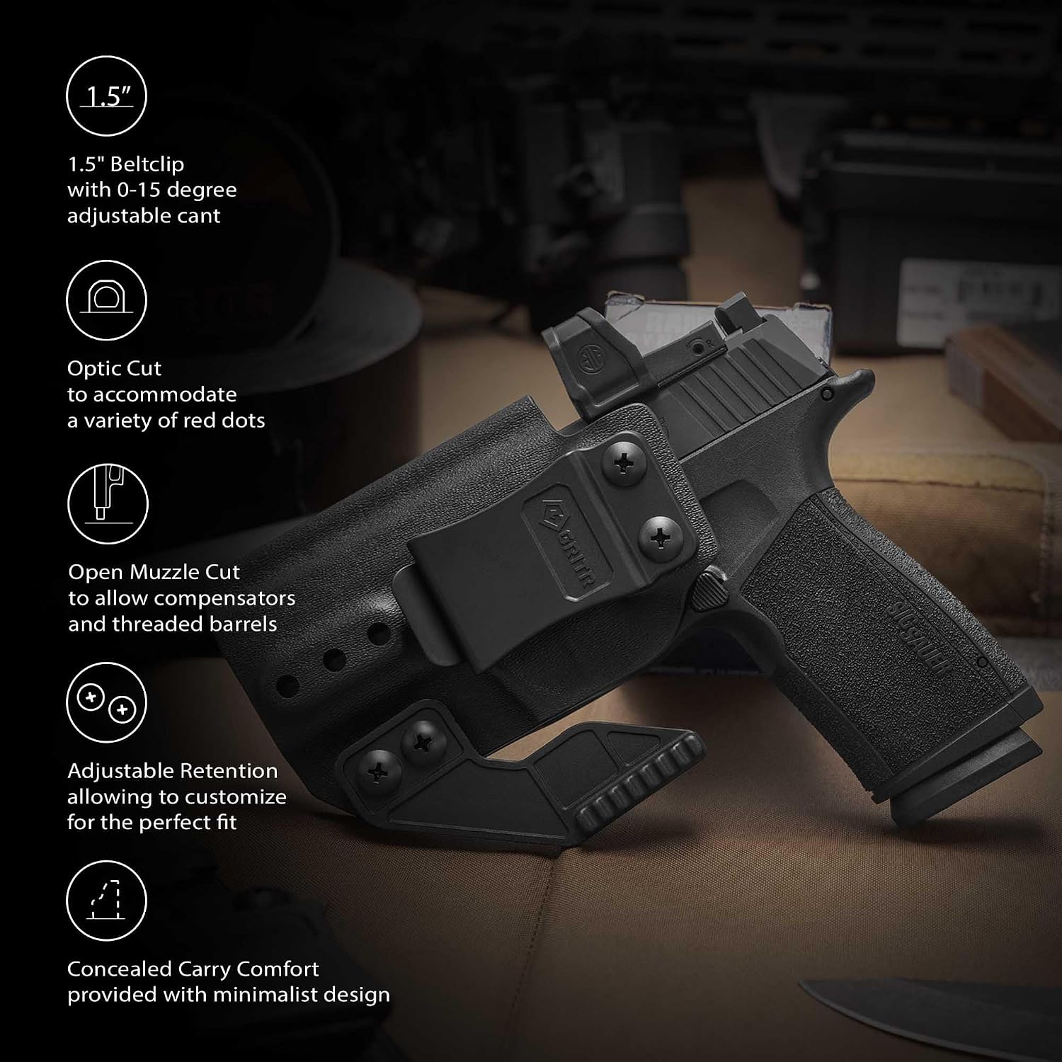 GRITR IWB Kydex Right/Left Hand Sig Sauer P365-XMACRO Pistol Holster - Optic Cut, Concealment Claw, Open Bottom, 1.5" Belt Clip, Adjustable Retention & Cant