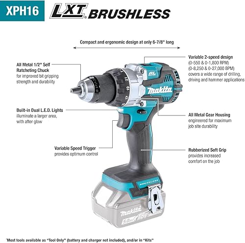 Miniatura 3 de Makita XPH16T 18V LXT Kit de taladro de martillo inalámbrico compacto sin escobillas de iones de litio de 12" (5.0Ah)
