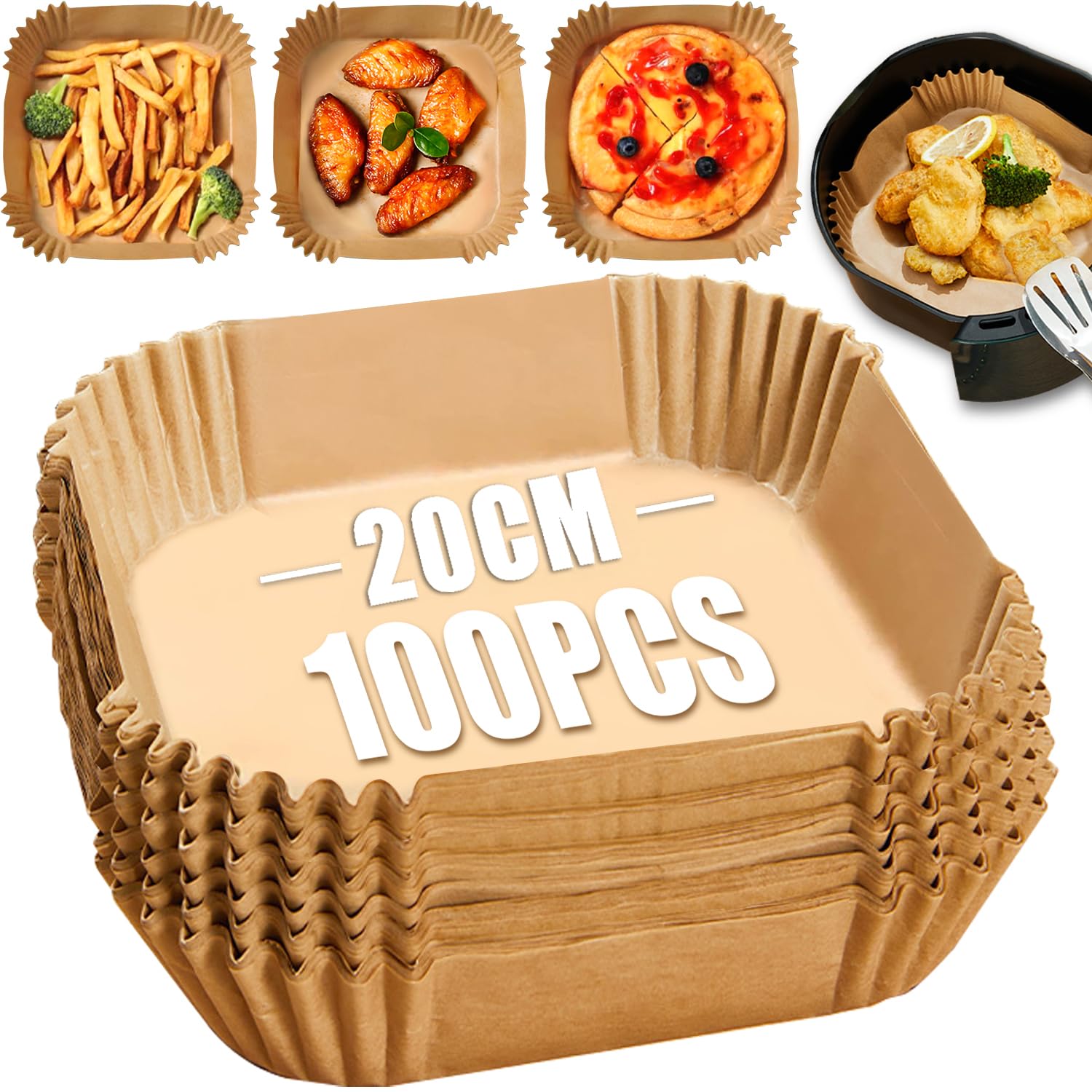 Papel Freidora Aire, 20-24CM Papel Air Fryer Cuadrado, Food-Grade BPA free Papel de Aceite Antiadherente Papel de Pergamino Desechable Antiadherente, Accesorios Freidora Sin Aceite 100 Piezas