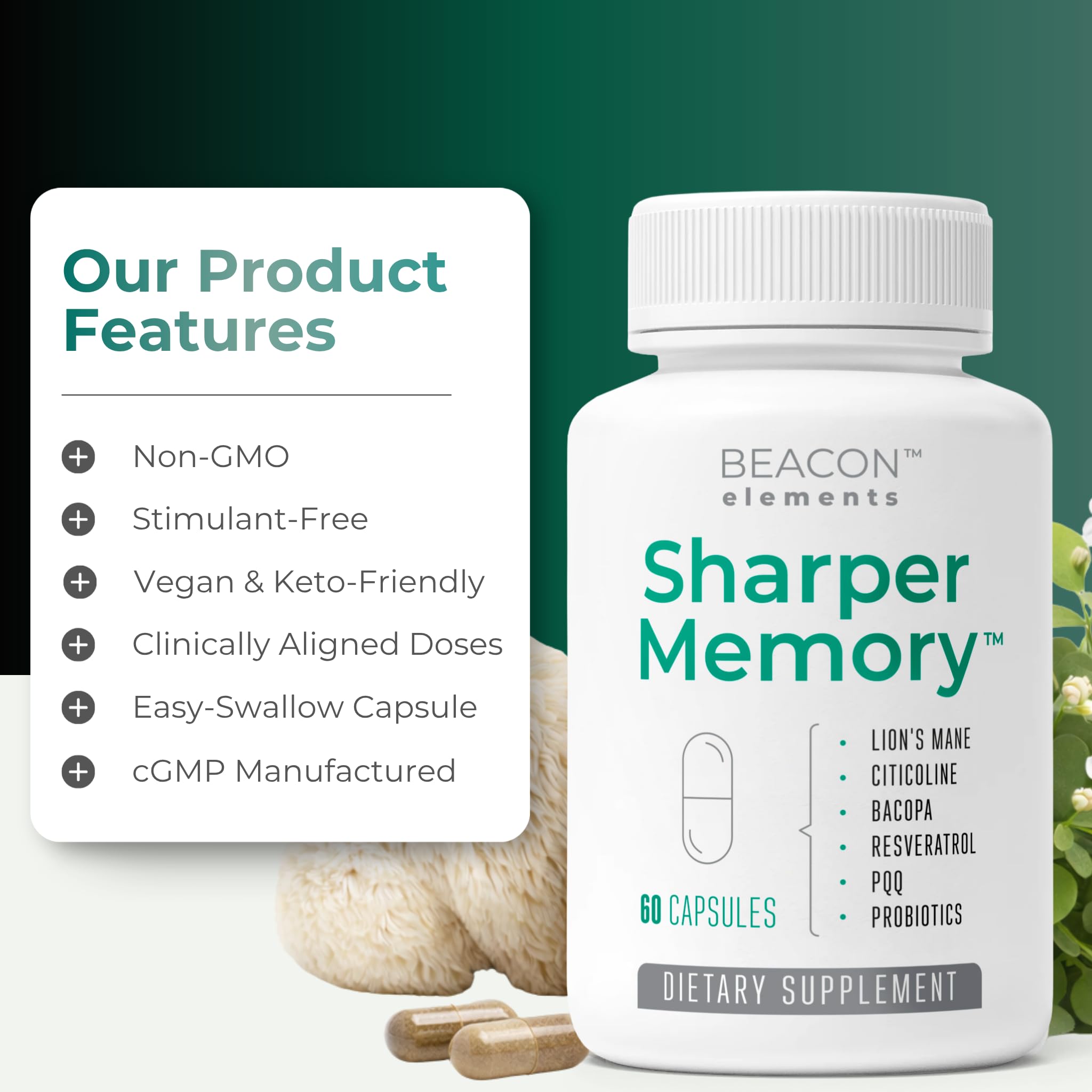 Sharper Memory™ Brain Supplement for Memory & Focus | Nootropic Formula for Brain Wellness with Lion’s Mane, Citicoline, Bacopa, PQQ, Resveratrol & Probiotics | 60 Capsules — Amazon image 7