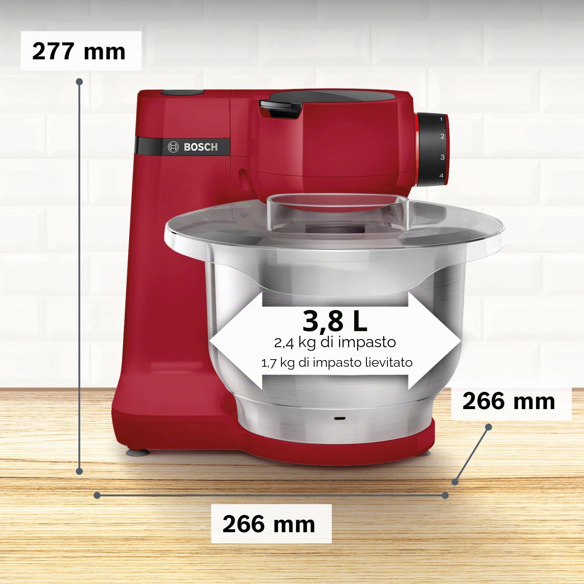 Bosch Elettrodomestici MUMS2ER01 - Robot da cucina MUM serie 2, 700 W, ciotola in acciaio inox da 3,8 l, intaglio e 3 dischi, set di patisserie, acciaio inox, rosso