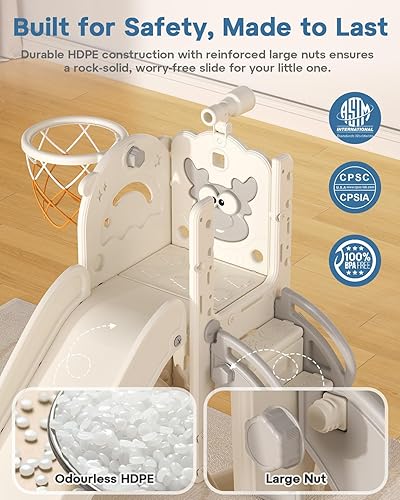 Miniatura 3 de BIERUM Tobogán para niños pequeños, 6 en 1, para interiores y exteriores, con aro de baloncesto, juego de golf y telescopio, juego de escalador en