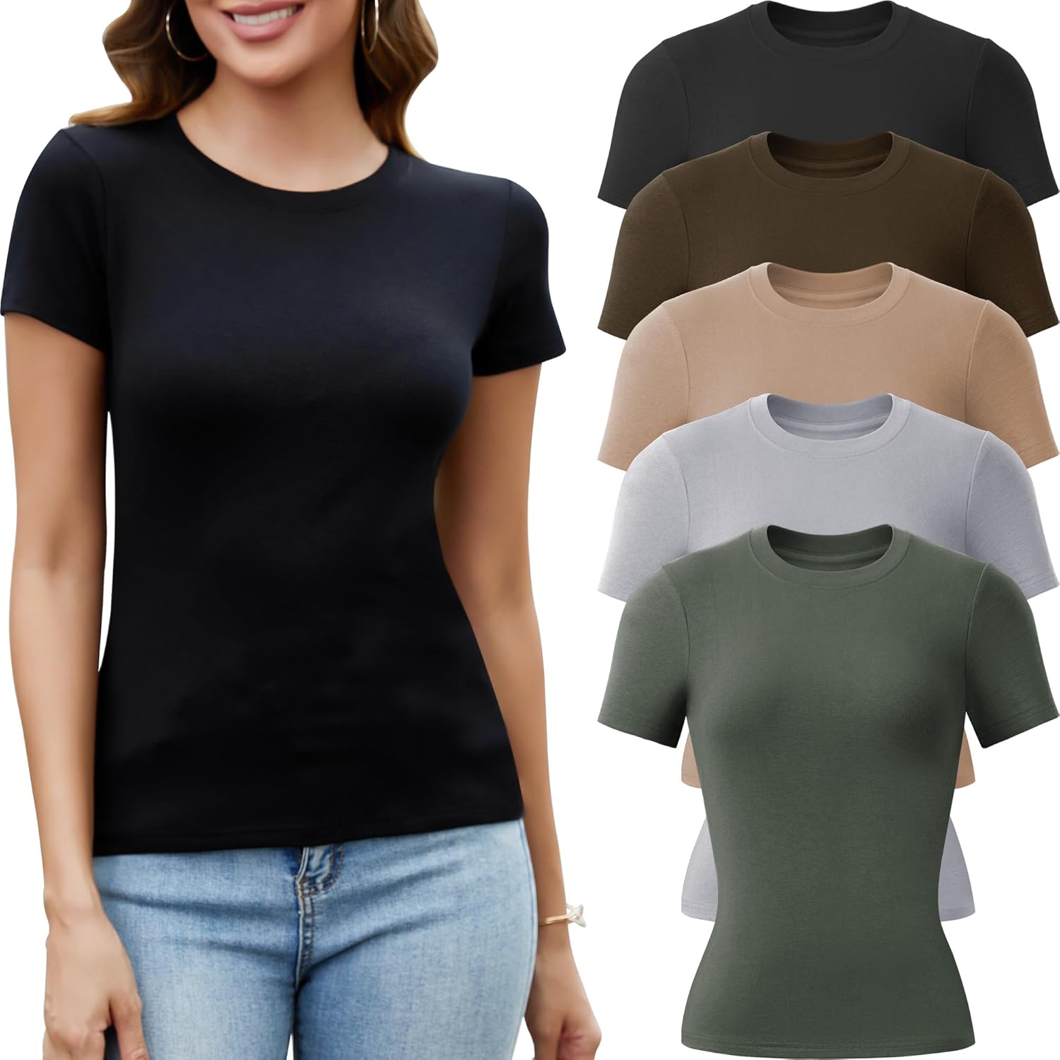 5 Pack Crew Neck T Shirts for Women Daily Casual Womens Fitted Tshirt Basic Tops for Women Stretchy Womens Tees