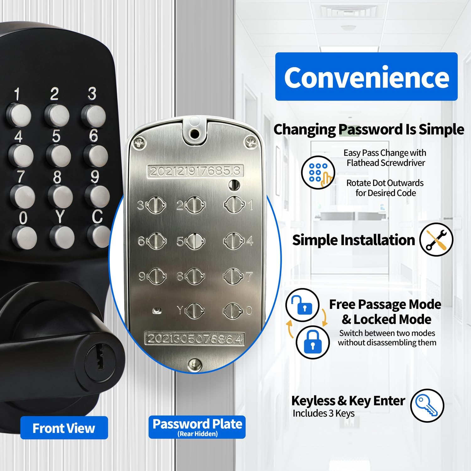 MUTEX Mechanical Door Lock with Key & Keyless Entry for Home Office | Big Panel for Easy Press · 100% Mechanical · All Metal · No Battery · for Homes, Offices, Apartments, Garages, Gates