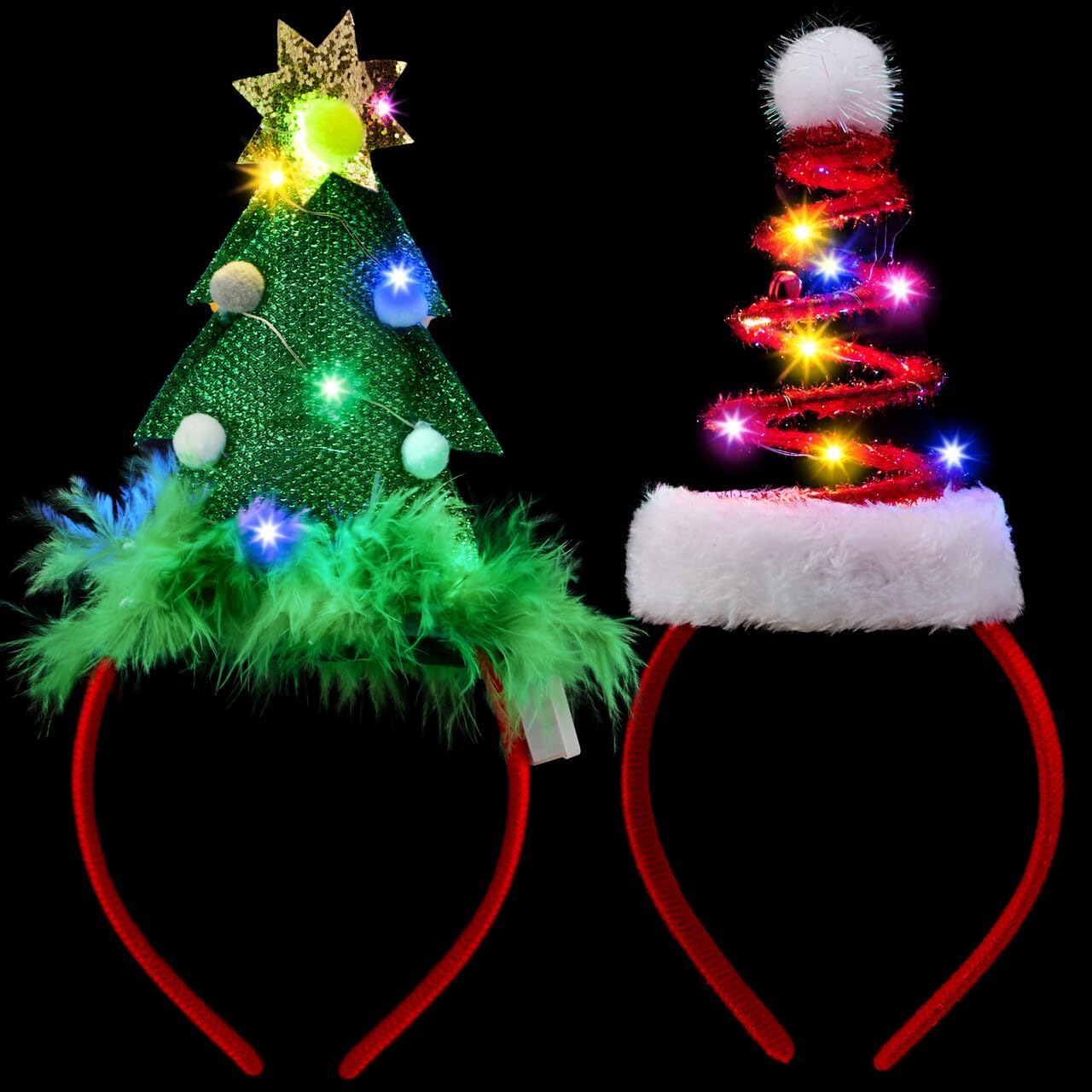 JOYIN 2 PCS Lighted Christmas Headbands with LED lights in Springy Santa Hat Tree Designs for Christmas and Holiday Parties (ONE SIZE FIT ALL) - Image 2