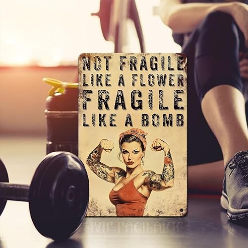 Miniatura 5 de PEACHGARDEN Letrero de metal para decoración de gimnasio en casa, letrero de metal con texto en inglés Not Fragile Like a Flower Fragile Like a Bomb