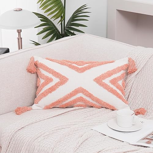 Miniatura 9 de PLWORLD Funda de almohada bohemia gris de 20 x 20 pulgadas con borlas, patrón geométrico gris copetudo, decorativa, tela de chenilla crema, funda de