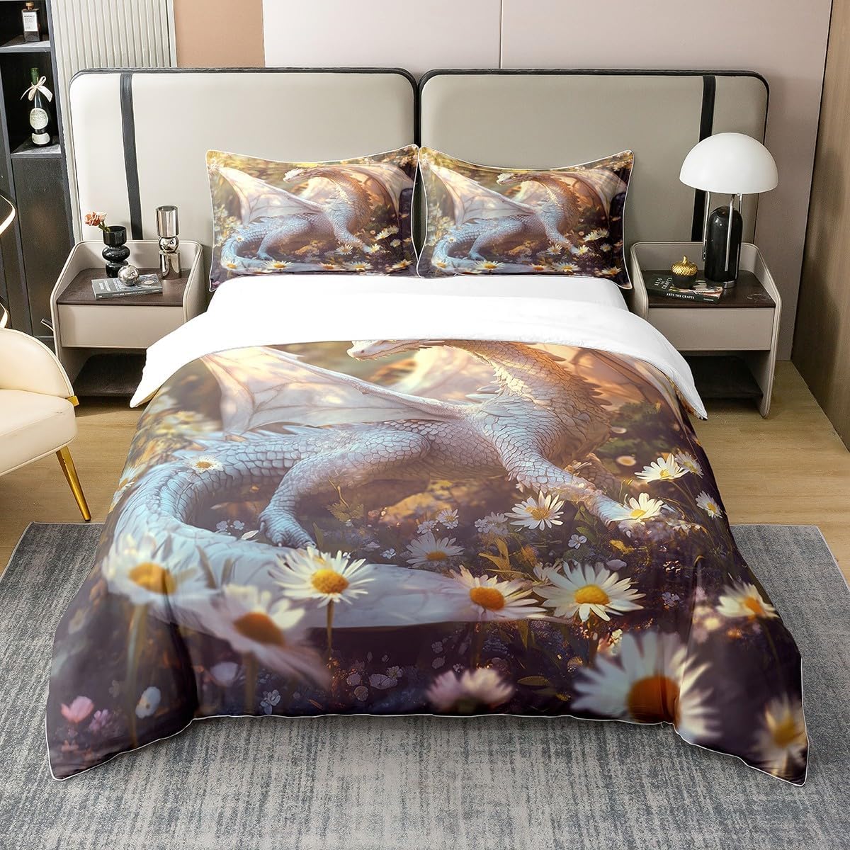 Erosebridal 100% Cotton 3D Dragon Duvet Cover Twin Size, Animals Starry Sky Printed Comforter Cover, Flowers Safari Bedroom Decor Bedding Set for Bed, Purple Blue Wildlife Kids Boys Quilt Cover