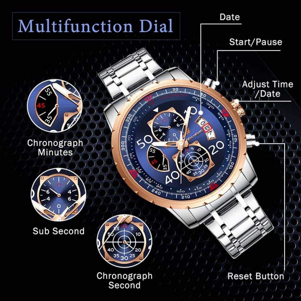 Ourui Orologi Da Polso,Orologio Al Quarzo Con Quadrante Grande A 3 Occhi E 6 Lancette Con Funzione Calendario, Blu Argento