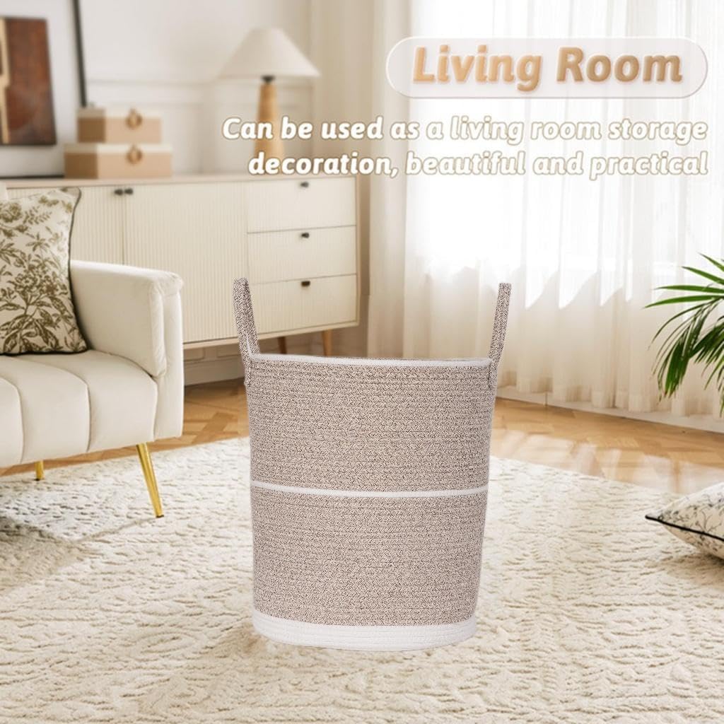 Large Cotton Rope Storage Basket with Handles – Woven Laundry Hamper, Striped Organizer for Toys, Blankets, Clothes – Durable and Stylish for Bedroom or Living Room (White&Brown)