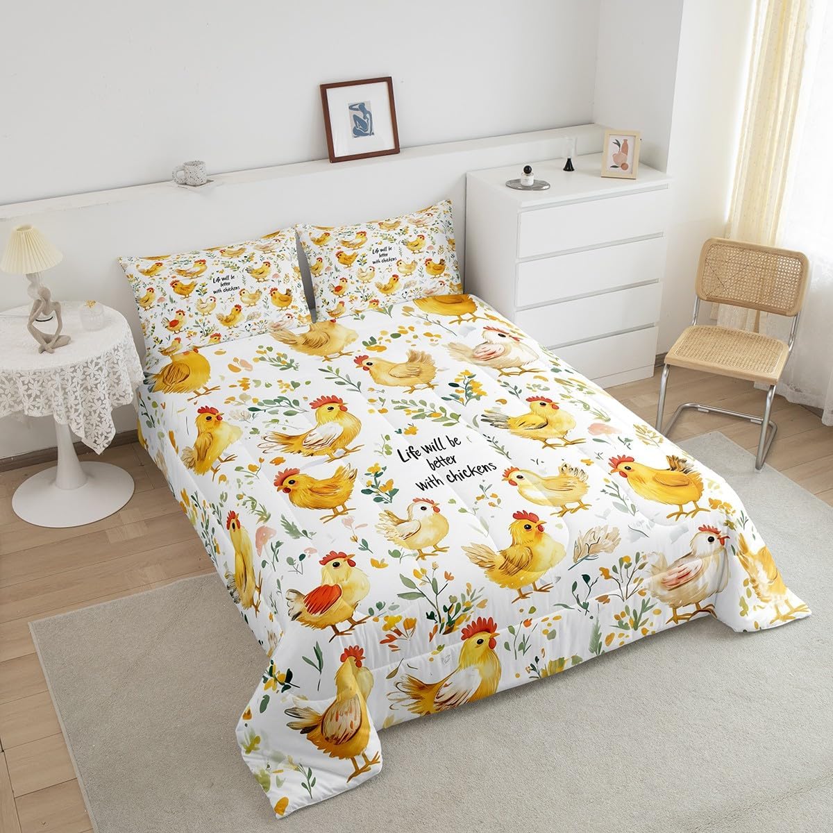 Feelyou Cute Chicken Comforter Set Queen Size Kids Farm Animal Bedding Set for Boys Girls Teens Farm Nursery Decor Comforter Rustic Farmhouse Duvet Set Funny Country Theme Quilt Set