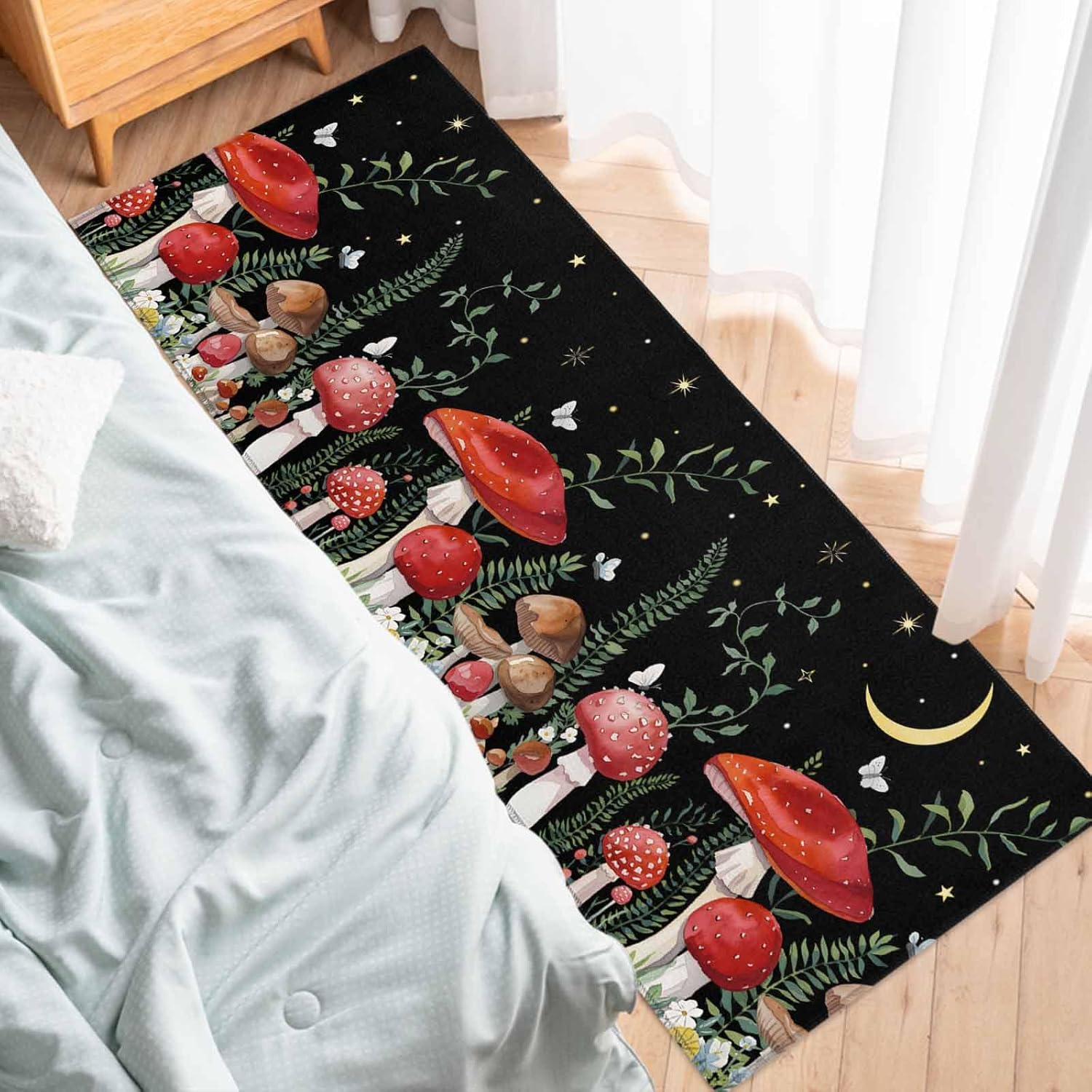 2 Pieces Kitchen Rugs and Mats,Mushroom Butterfly Leaf in Moon Sky Area Runner Rug Set Non Slip Floor Doormat Washable Carpet Standing Mat for Kitchen Sink Indoor Corridor,Pastoral Botanical Art