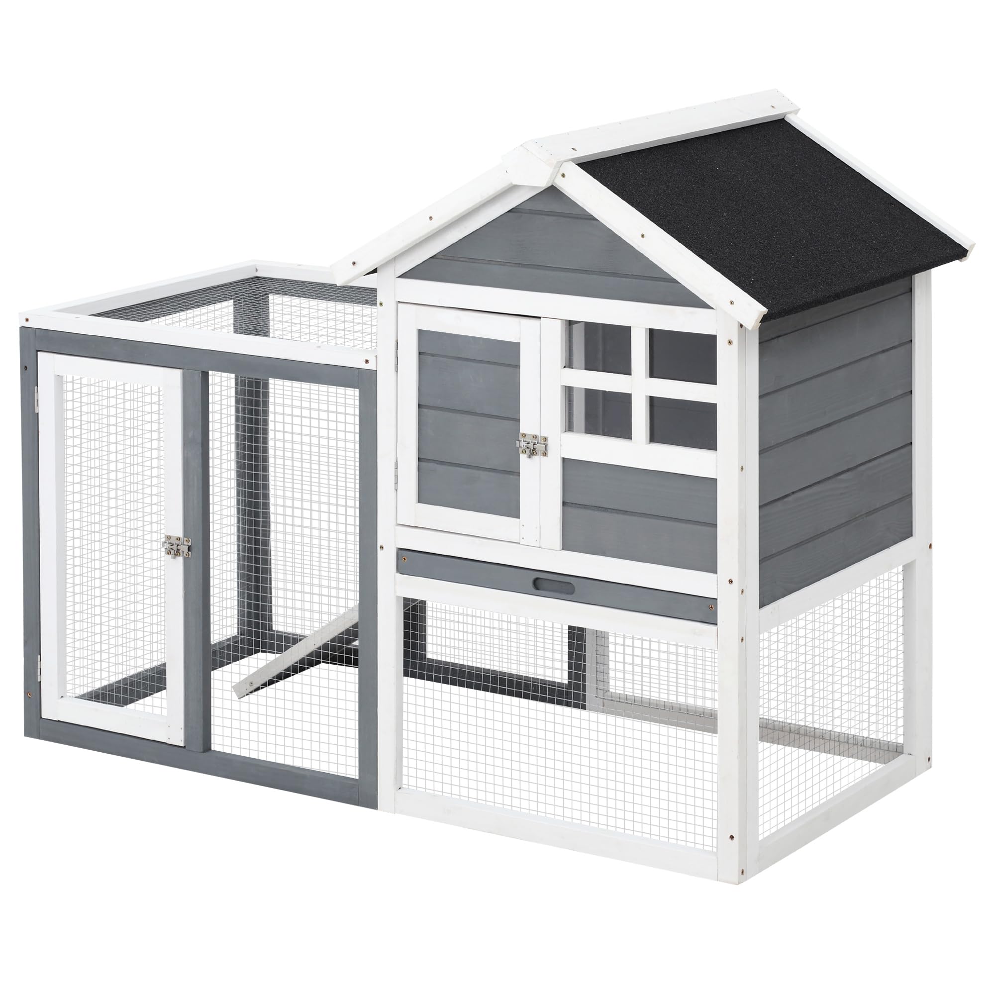 PawHut Hasenstall 2 Etagen aus Holz für Kaninchen 123,5x62,6x92,5 cm Grau | Wasserdichtes Bitumendach, Kaninchenstall, Kaninchenkäfig, Freilaufgehege, Rampe, Türen, Hasenkäfig, für Hühner Enten