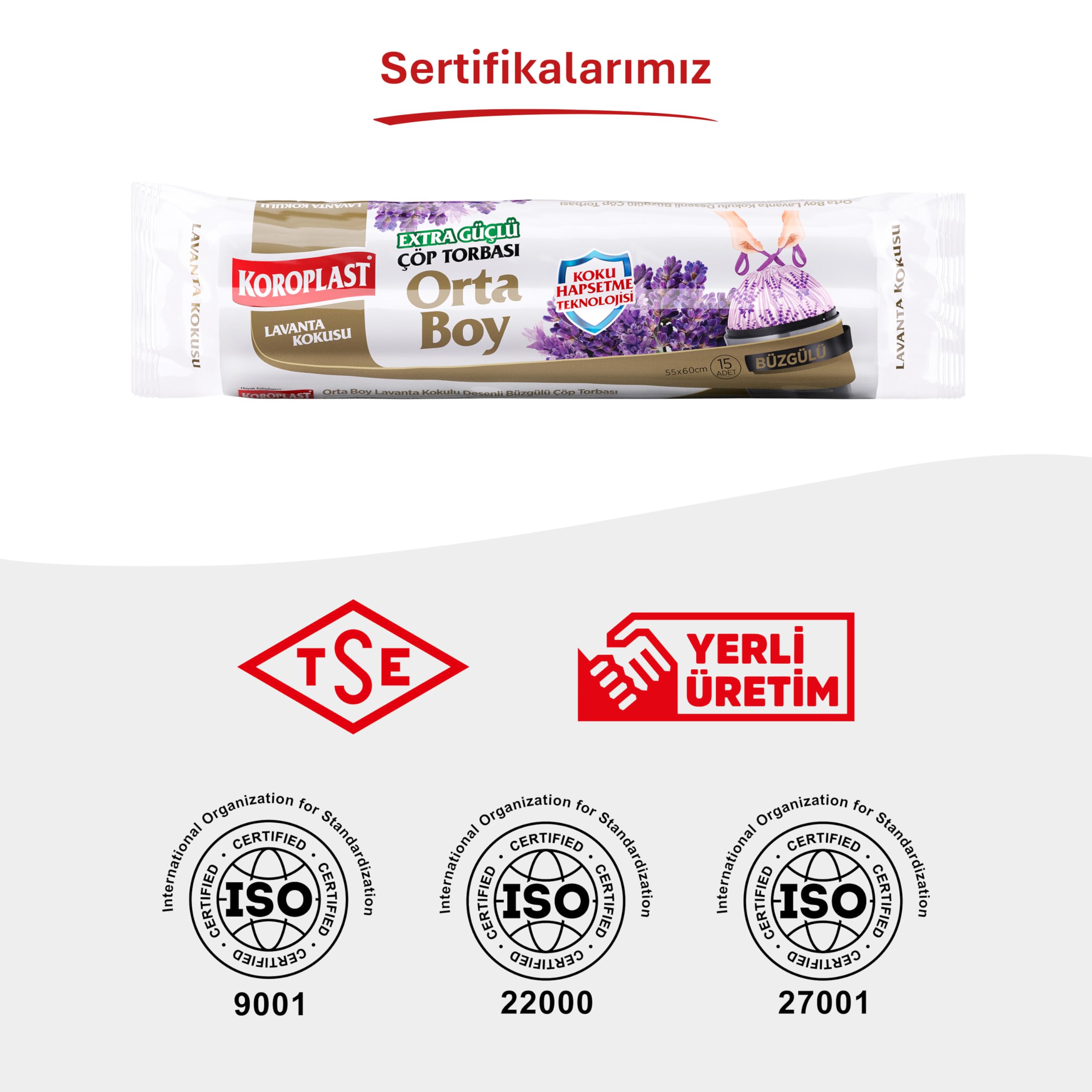 Koroplast Lavanta Kokulu Orta Boy Büzgülü Çöp Poşeti 15'li 55x60 cm, Kolay Bağlanır Kokulu Büzgülü Orta Boy Çöp Torbası, Sızdırmaz, Yırtılmaz, Geri Dönüştürülebilir Atık Torba, Ekstra Güçlü Çöp Poşeti