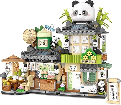 Street View Tea Shop Mini bloques de construcción, MOC juguetes de construcción creativos lindos animales panda juego de construcción para niñas de