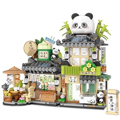 Street View Tea Shop Mini Building Blocks, MOC Creative Building Toys Cute Panda Animals Building Set for Girls 6-12, Simulation Architecture Construction Toy, Gift Idea for Kids Adults (860PCS) - Tea Shop