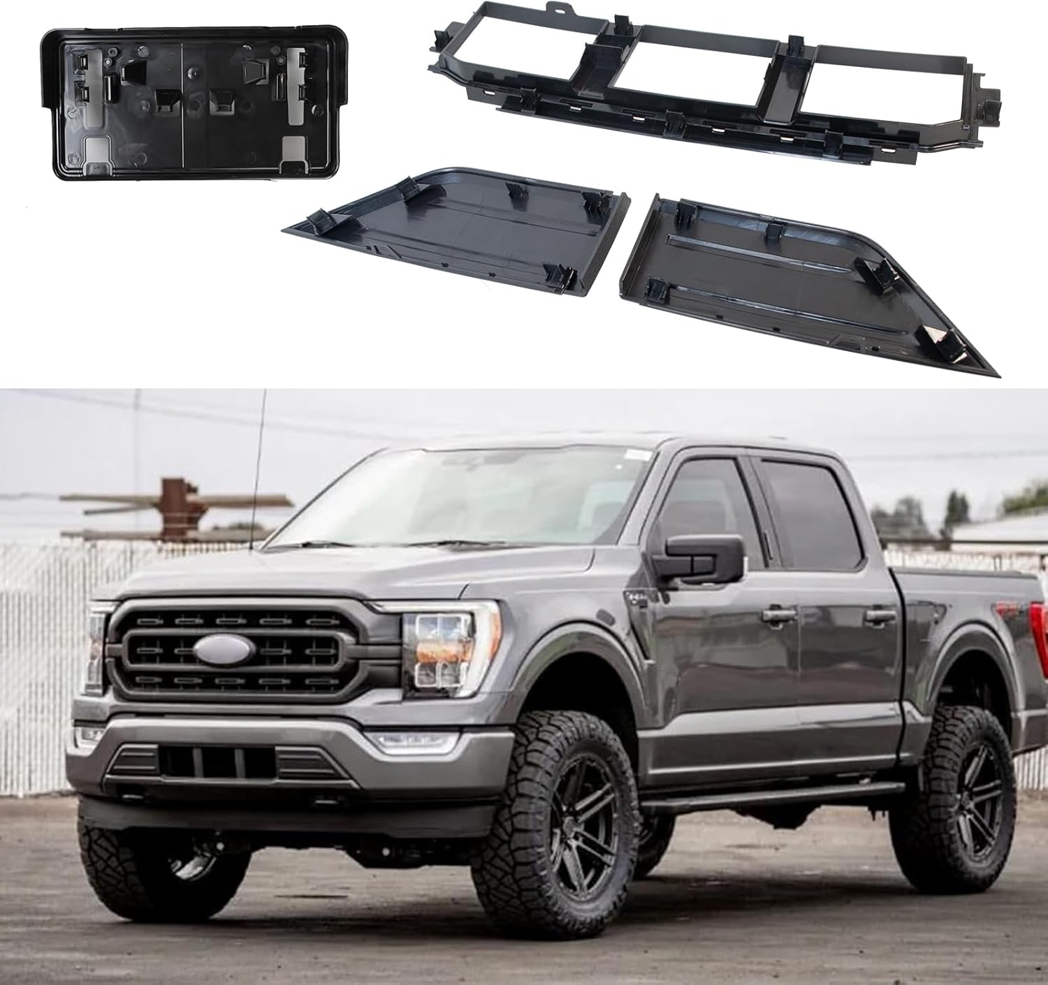 Front Bumper Grille, Guards Pads & License Plate Frame Bracket Kit Compatible with Ford F-150 2021-2023 Lower Center Cover Spacer Panel, ML3Z17B968BB ML3Z17B968BA