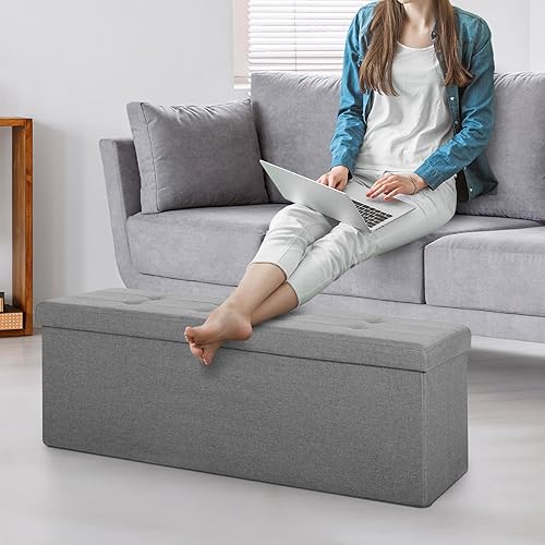 Miniatura 7 de ZenStyle Banco otomano de almacenamiento de 43 pulgadas, reposapiés plegable, asiento acolchado, baúl de almacenamiento largo para zapatos con