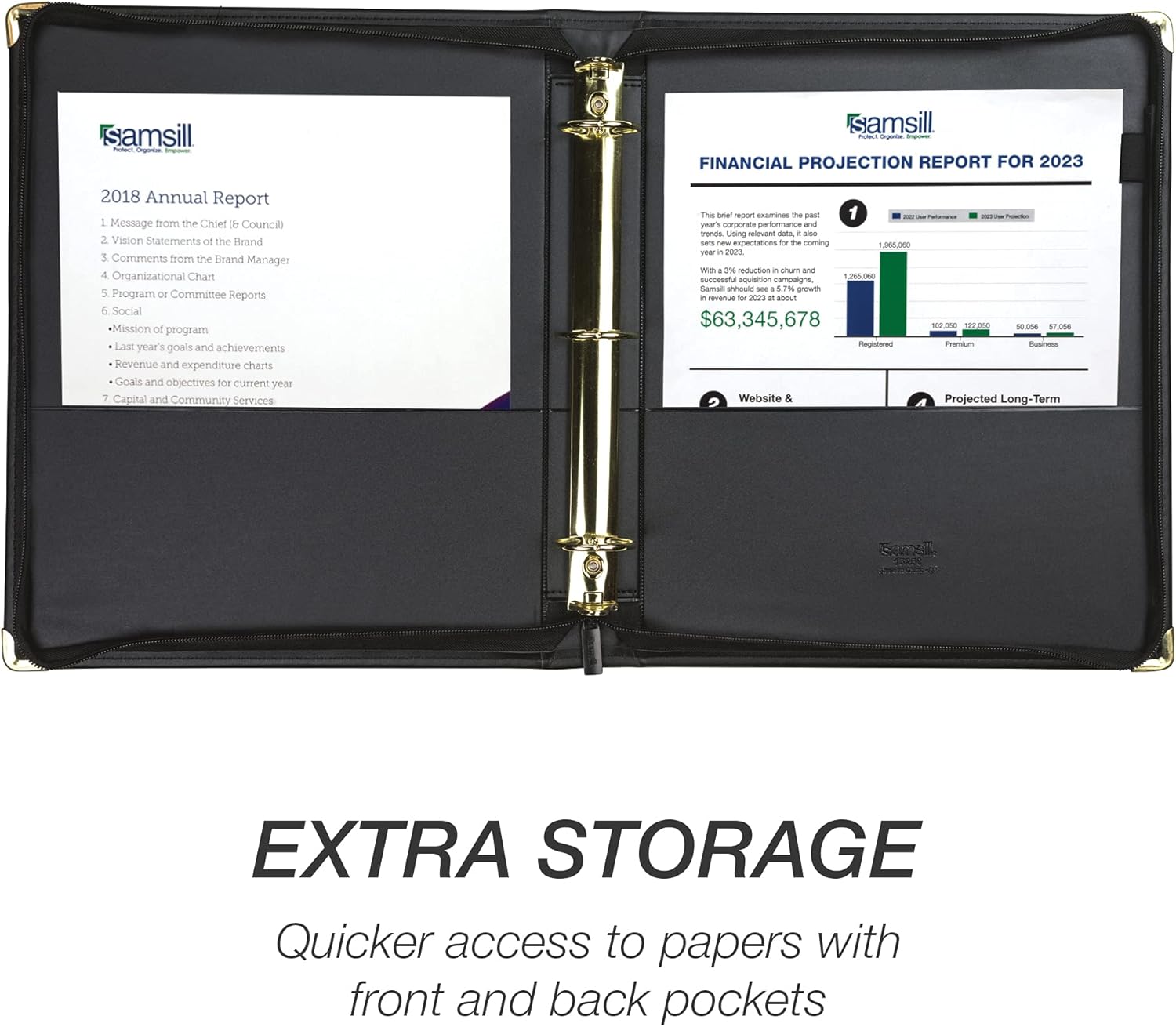 Samsill Classic Professional Binder, 3 Ring Binder with 1.5 Inch Brass Round Rings and Zipper Closure, Portfolio Binder, Brass Corner Accents, Black : Portfolio Ring Binders : Office Products