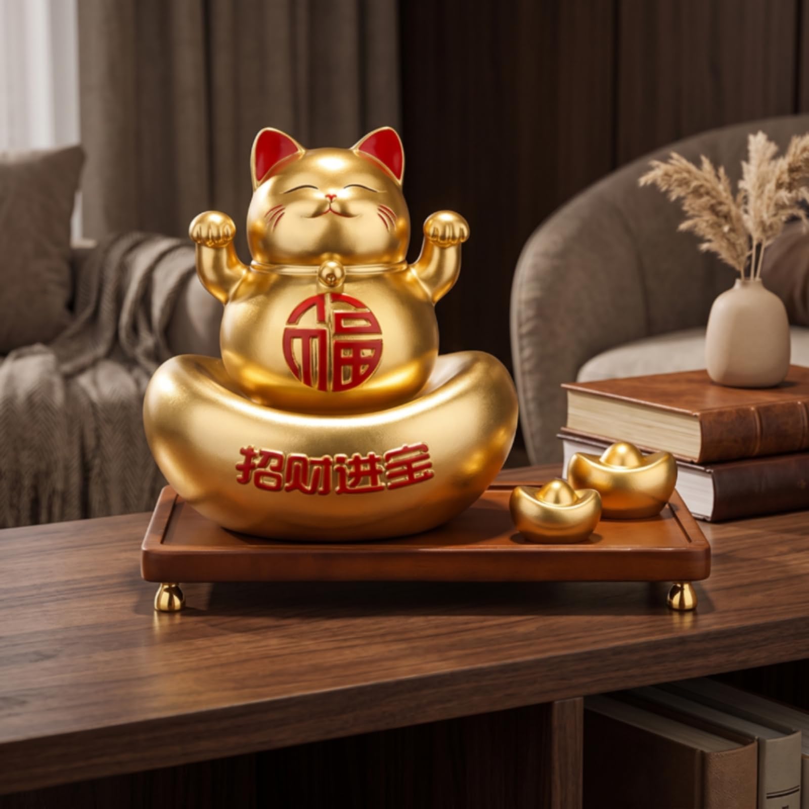 Figurine Décorative en Résine Chat Porte- Neko Statue Sculpture Ornement et Pieds Métal Doré Caractère Chinois en Relief Adaptée à Bureau Réception Plan de Travail, Crème De Café
