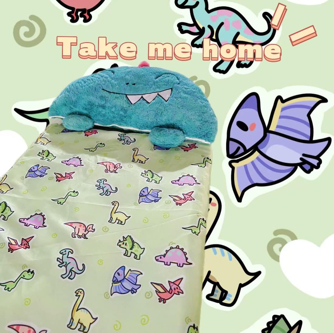 Dinosaur Kids Sleeping Bag Boys, Animal Bags, Sleepy Sack, Comfy, Cozy, Compact, All Season, Sleeping Bag with Pillow, Soft Pillow, Nap Mat. Warm Cotton, Size 63''*24''(Green Dino)