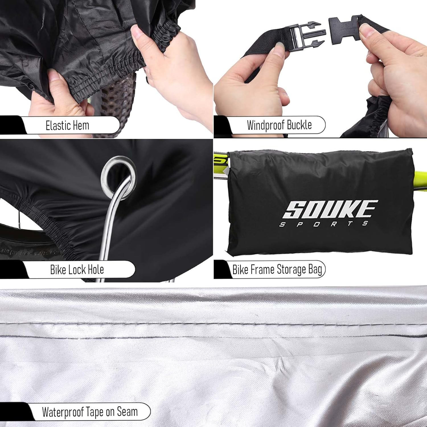 Souke Sports Bike Cover Outdoor Storage Upgraded Waterproof with Lock Hole Bicycle Tent Rain Sun UV Dust Wind Proof Bicycle Cover for Mountain Road Electric Bike, 70.92 x 23.64 x 35.46 inches