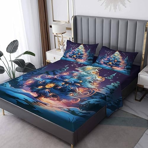 H-6&-352 - Juego de sábanas para árbol de Navidad, sábanas y fundas de almohada estampadas, 4 piezas, sábana bajera ajustable de microfibra suave