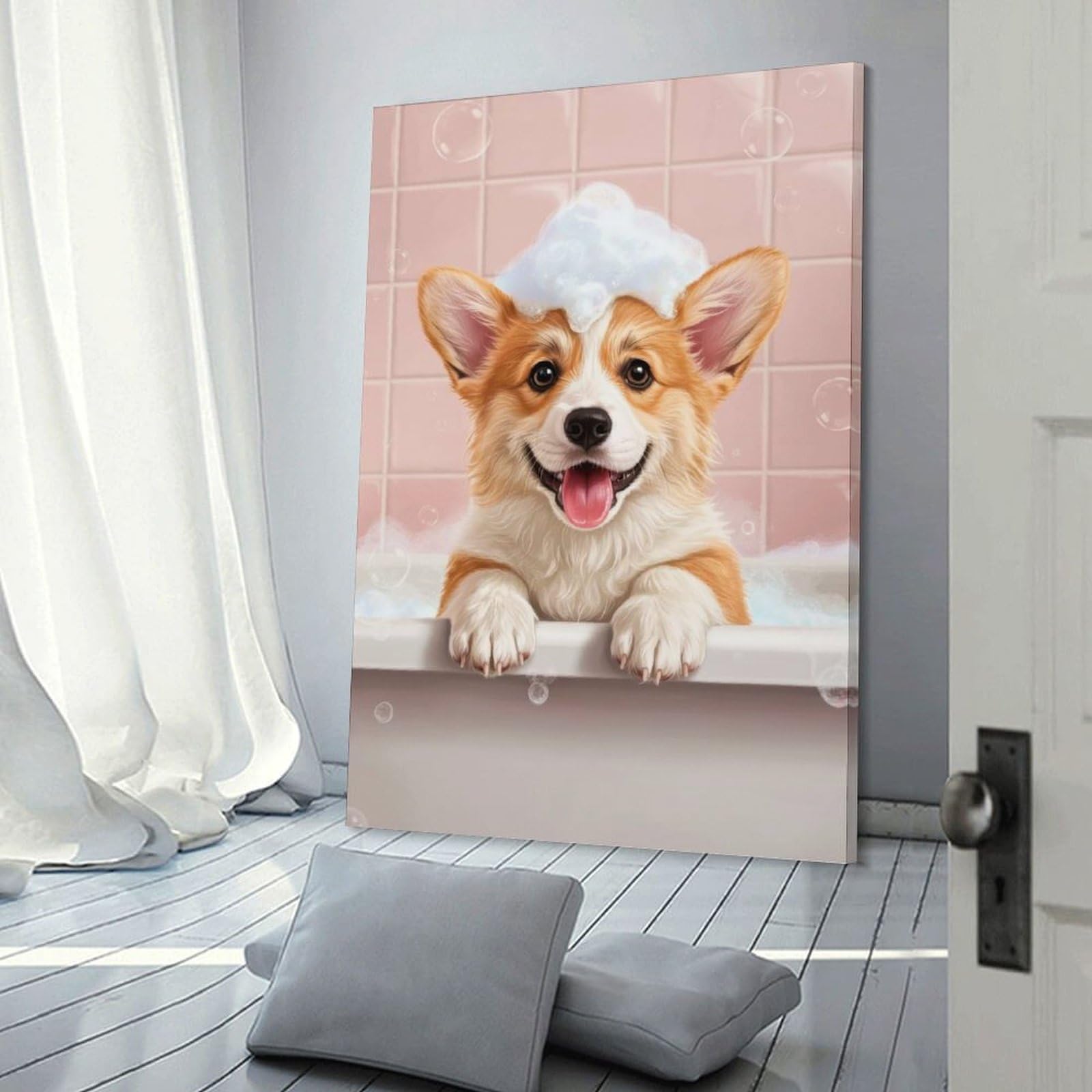 Junmoney Frame-Style-17 Corgi Puppy Bath Time Canvas Wall Decor, 24X36inch(60X90cm), For Flats, Guest Rooms Or Compact Rooms, Decorative Canvas Decor For Home Updates