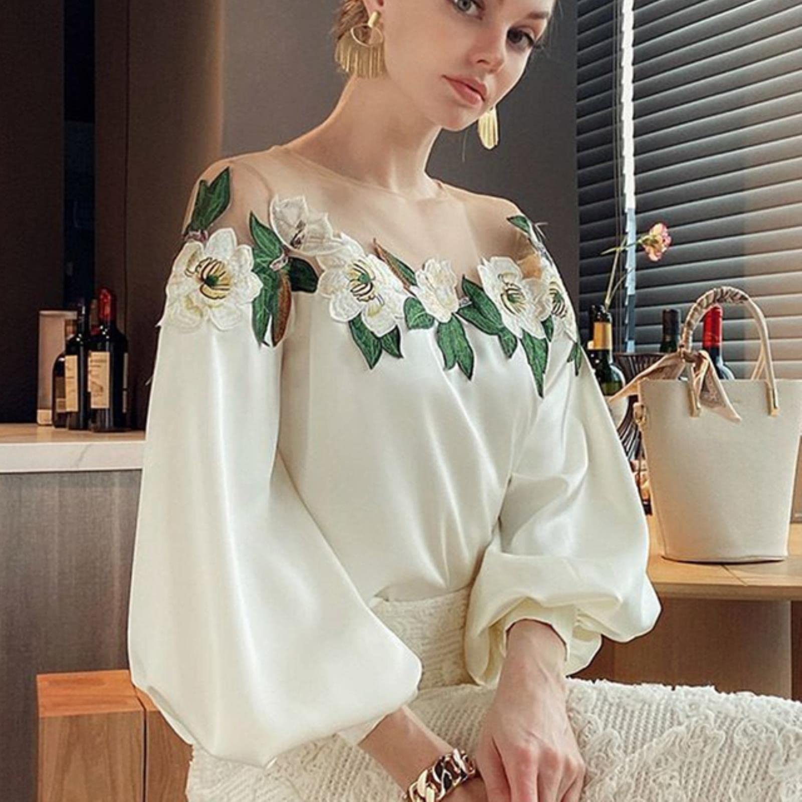 Siatkowa patchworkowa satynowa haftowana koszula damska latarnia rękaw vintage bluzka damska na co dzień topy moda nowe eleganckie bluzki