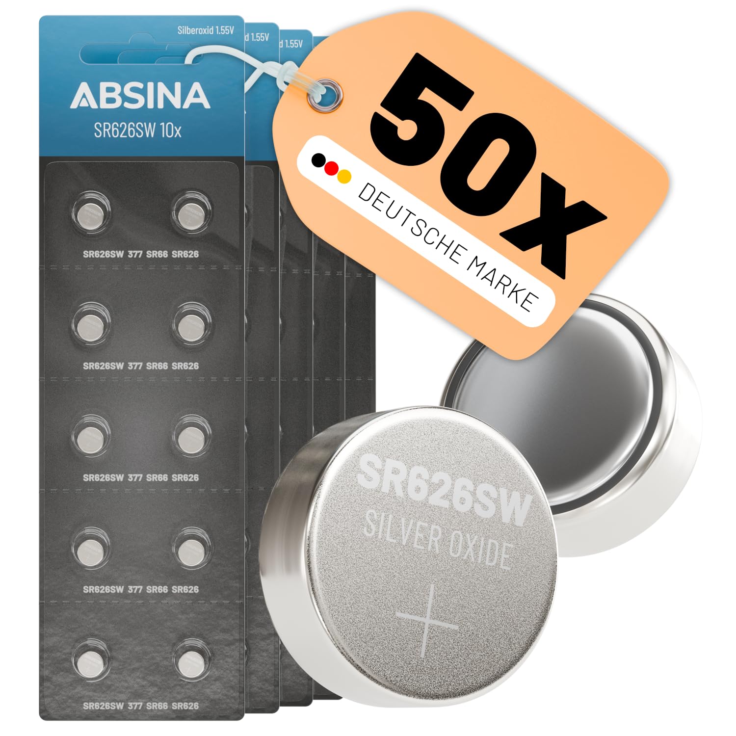ABSINA 50er Pack SR626SW Uhrenbatterie 1,55V Silberoxid - 377 SR66 626 AG4
